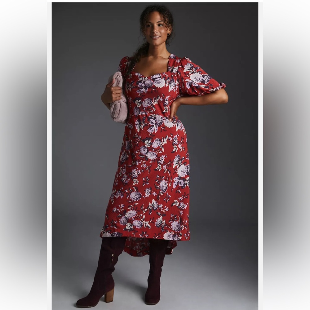 Anthropologie Maeve Red Floral Midi Dress with puffed sleeves. Very Flattering!